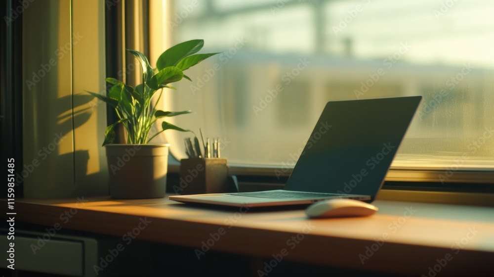Fototapeta premium Modern workspace ambiance with a laptop, plant, and natural light. Optimal productivity setting for home office inspiration.