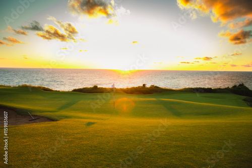 Sunset over golf green