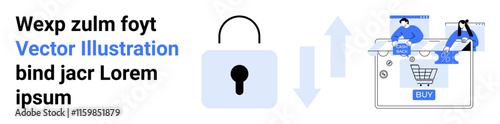 Lock icon representing security, people engaged in online transaction with shopping cart and BUY button. Ideal for e-commerce, cybersecurity, transactions, online shopping, digital security, fintech