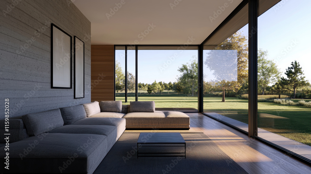 Luxury living room with large window overlooking the garden Luxury living room with large window overlooking the garden