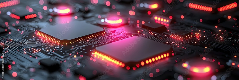 Close-up of a circuit board with glowing components, showcasing technology and electronics. Close-up of a circuit board with glowing components, showcasing technology and electronics.