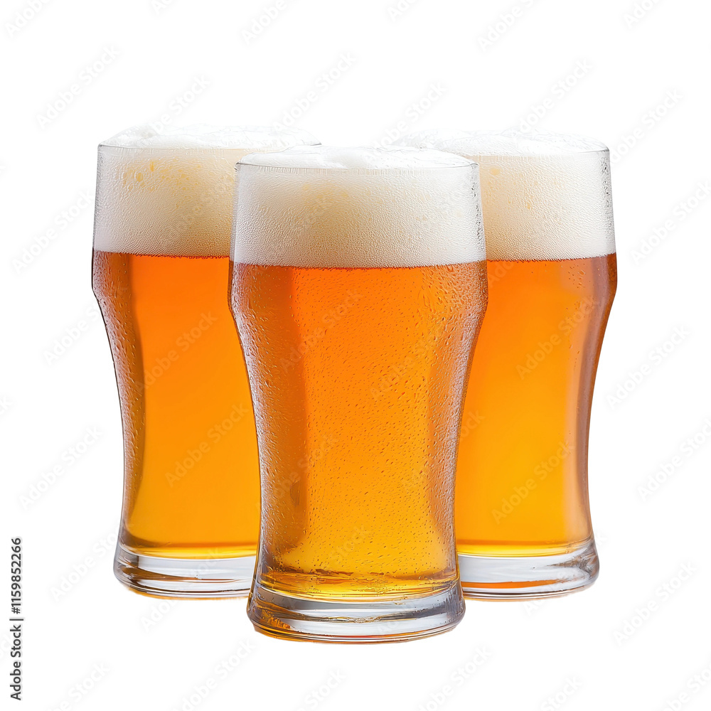 Three Glasses of Amber Beer with Frothy Heads Three Glasses of Amber Beer with Frothy Heads