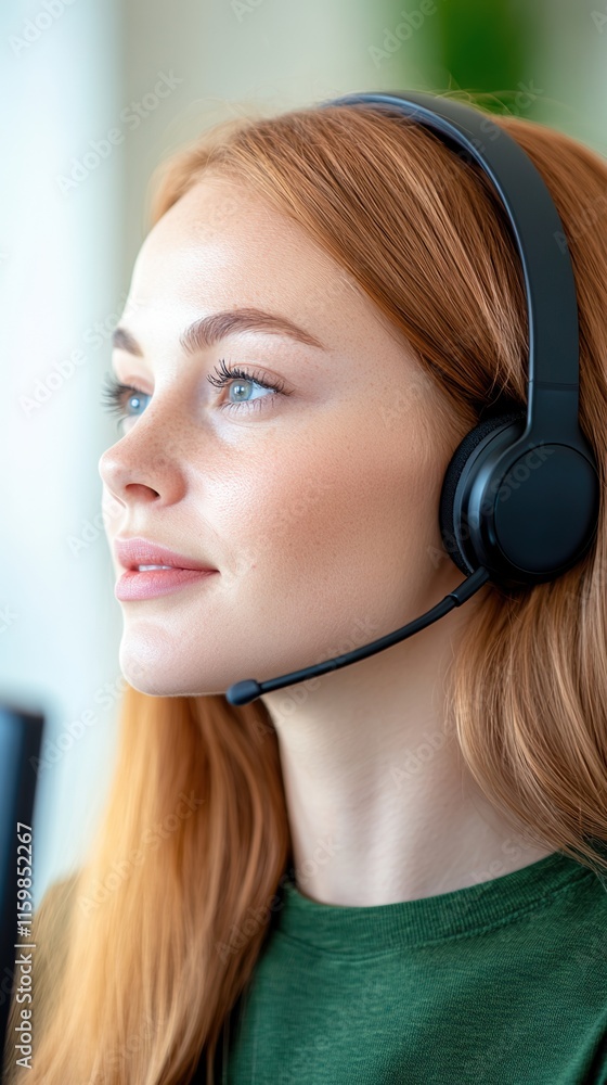 Customer Support Service. Profile of woman with red hair wearing headset. Call center and customer service concept in natural light Customer Support Service. Profile of woman with red hair wearing headset. Call center and customer service concept in natural light