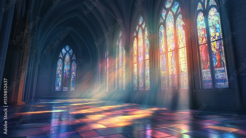 Obraz premium Stained glass window church with beautiful sunlight