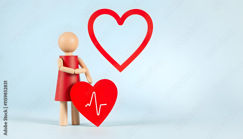 Red heart and wooden doll for love, health care, organ donation, world heart day, world health day, mindfulness, well being, family insurance concept concept isolated on light blue with copy space i Red heart and wooden doll for love, health care, organ donation, world heart day, world health day, mindfulness, well being, family insurance concept concept isolated on light blue with copy space i