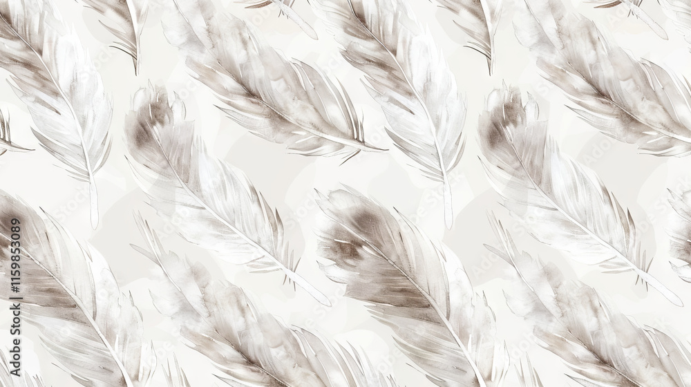 Fototapeta premium Elegant feather pattern on a light background perfect for textiles and wall art. Abstract backdrop. Watercolor illustration