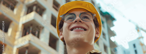 Smiling Young Caucasian Architect in a Yellow Hard Hat Overlooking a Construction Site. Concept of Architecture, Urban Development, Career Fulfillment, and Engineering. Banner. Copy space
