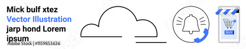 Cloud outline, notification bell with sound waves, and shopping cart with BUY button. Ideal for web design, mobile apps, e-commerce, cloud services, notifications, online shopping, user interface