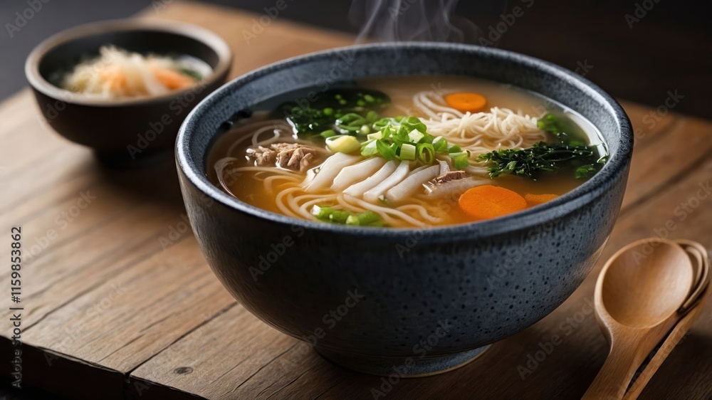 A steaming bowl of ramen with vegetables and a side dish, served on a wooden table. A steaming bowl of ramen with vegetables and a side dish, served on a wooden table.