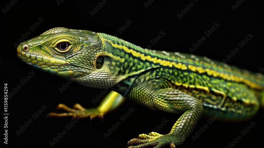 Fototapeta premium Close-up of a vibrant green lizard with yellow stripes on a black background.