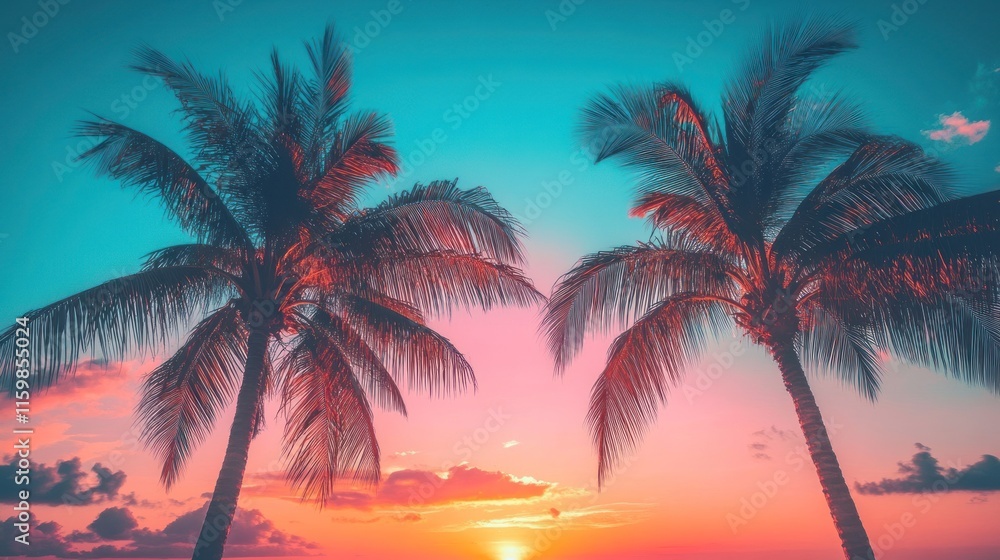 Retrowave or Synthwave style background with palms silhouettes at neon sunset sky Retrowave or Synthwave style background with palms silhouettes at neon sunset sky