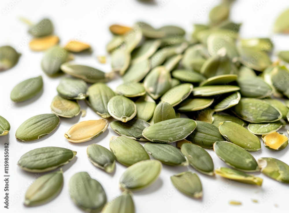 Roasted pumpkin seeds scattered on white background. Roasted pumpkin seeds scattered on white background.