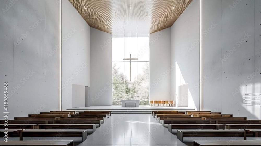 Obraz premium Minimalist Church Interior Featuring Wooden Benches and Cross in Sunlit Serenity. Concept of Spiritual Peace, Modern Architecture, Sacred Spaces, Tranquility, and Religious Design