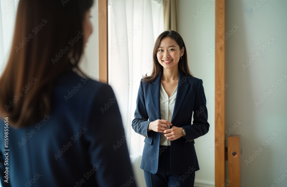 Confident Asian woman stands in front of mirror getting dressed in formal suit. Smiling, preparing for job interview at home. Looks pro, ready to succeed in new career. Wearing formal suit, white Confident Asian woman stands in front of mirror getting dressed in formal suit. Smiling, preparing for job interview at home. Looks pro, ready to succeed in new career. Wearing formal suit, white