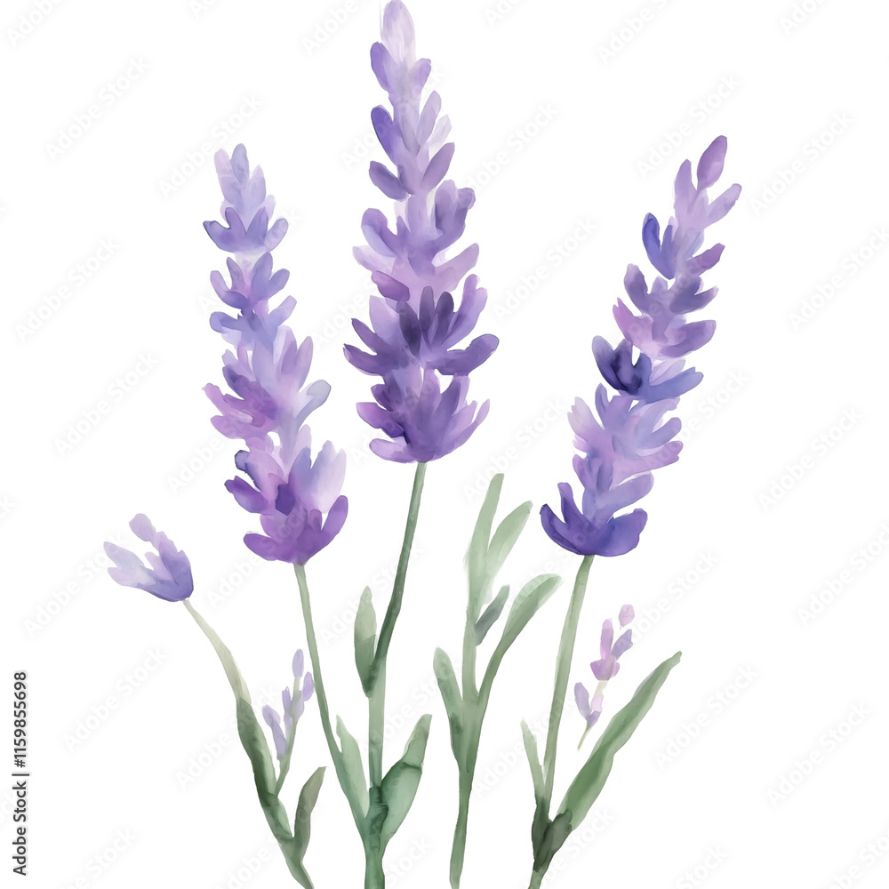Fototapeta premium Watercolor lavender illustration with vibrant purple hues and green accents, isolated in PNG transparent background