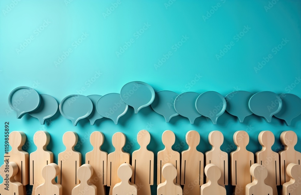 Fototapeta premium Many wooden figures stand in row. Above float numerous teal speech bubbles. Visual represents social communication. People exchange ideas, opinions. Image shows concept about community dialogue.