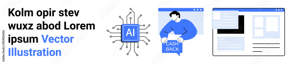 Text block, AI chip, person holding cashback sign, and website interface. Ideal for technology blogs, financial services, online shopping platforms, web design, digital marketing, fintech apps