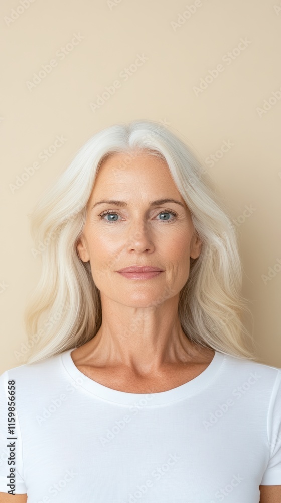 Portrait of Beautiful Senior Woman with Long White Hair in Natural Light Against Beige Background Portrait of Beautiful Senior Woman with Long White Hair in Natural Light Against Beige Background