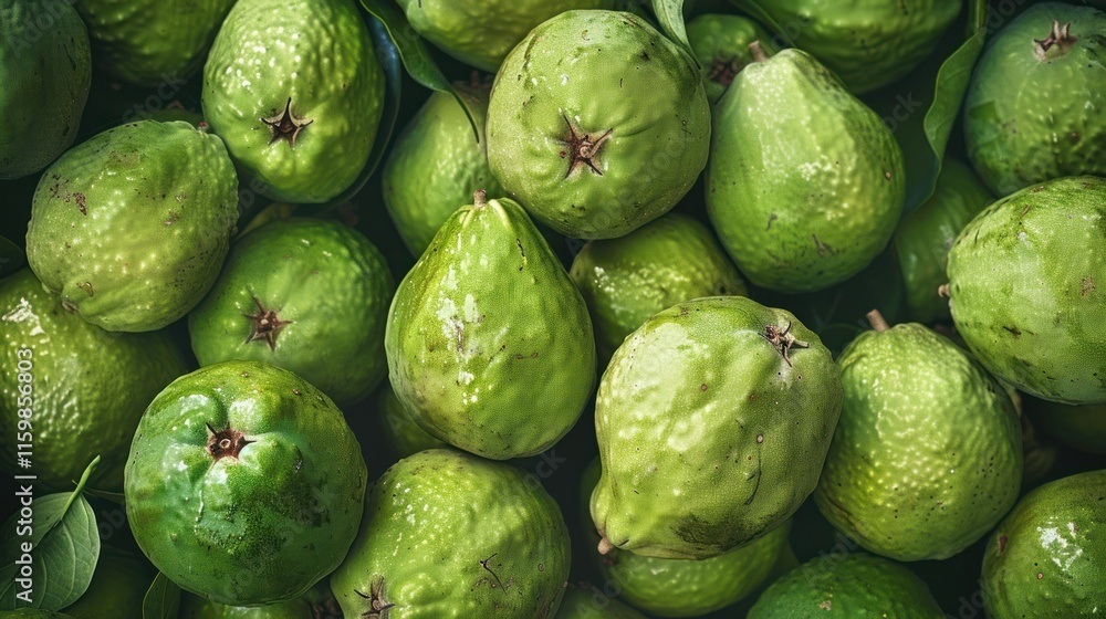 Fresh green guavas densely packed, displaying vibrant green color and slightly glossy texture. Fresh green guavas densely packed, displaying vibrant green color and slightly glossy texture.