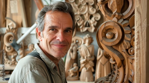 Wallpaper Mural Master Woodcarver Smiling in Workshop Surrounded by Intricate Wooden Sculptures. Concept of Artistry, Craftsmanship, Passion for Woodworking, and Creative Expression Torontodigital.ca