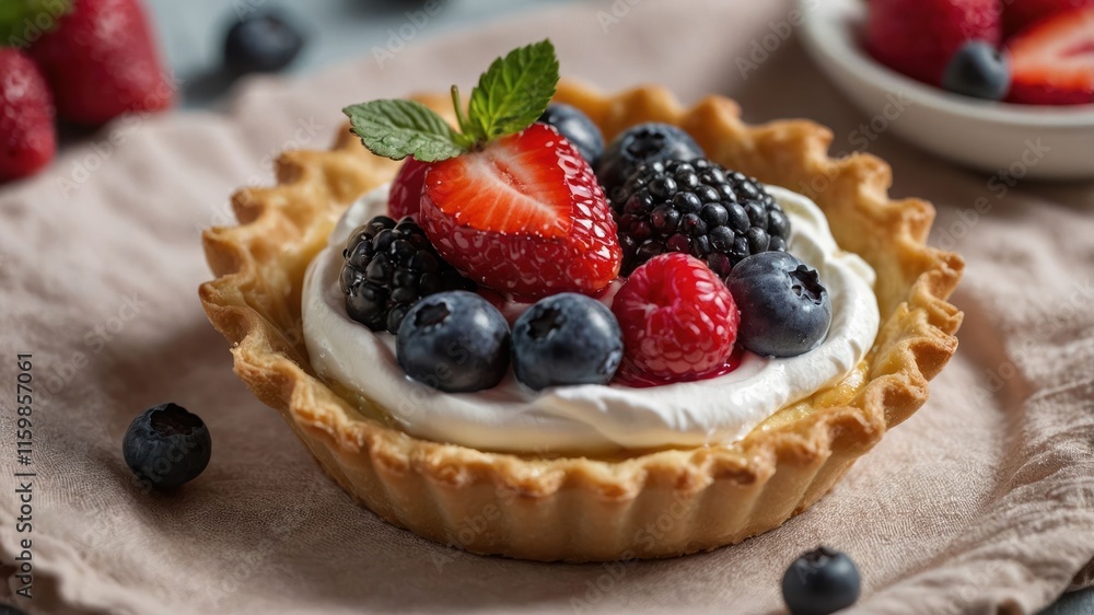 A delicious fruit tart topped with cream and fresh berries, perfect for dessert. A delicious fruit tart topped with cream and fresh berries, perfect for dessert.