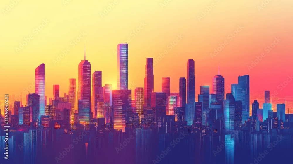 Fototapeta premium Vibrant cityscape skyline at sunset.