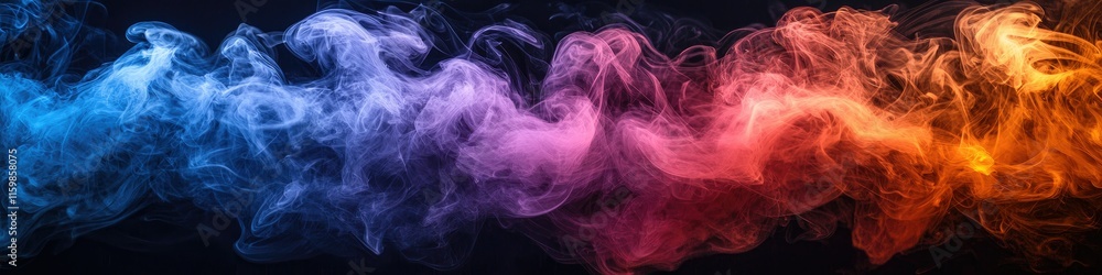 Colorful smoke swirls in a gradient from blue to orange against a dark background. Colorful smoke swirls in a gradient from blue to orange against a dark background.