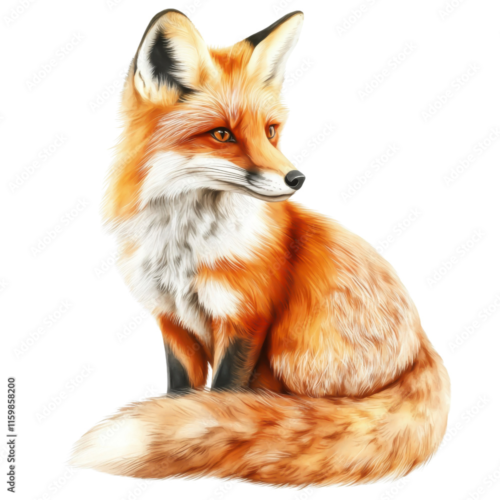 Obraz premium Fox illustration painted in soft watercolor with lifelike textures and vibrant orange tones, isolated in PNG transparent background