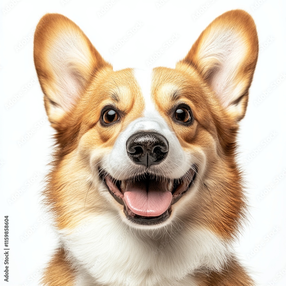 Happy corgi with floppy ears and playful expression against white background Happy corgi with floppy ears and playful expression against white background