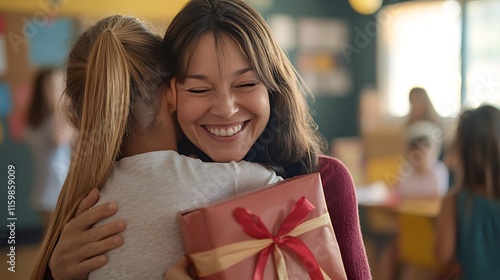 A teacher hugging a student who presents them with a heartfelt gift, capturing an emotional moment 