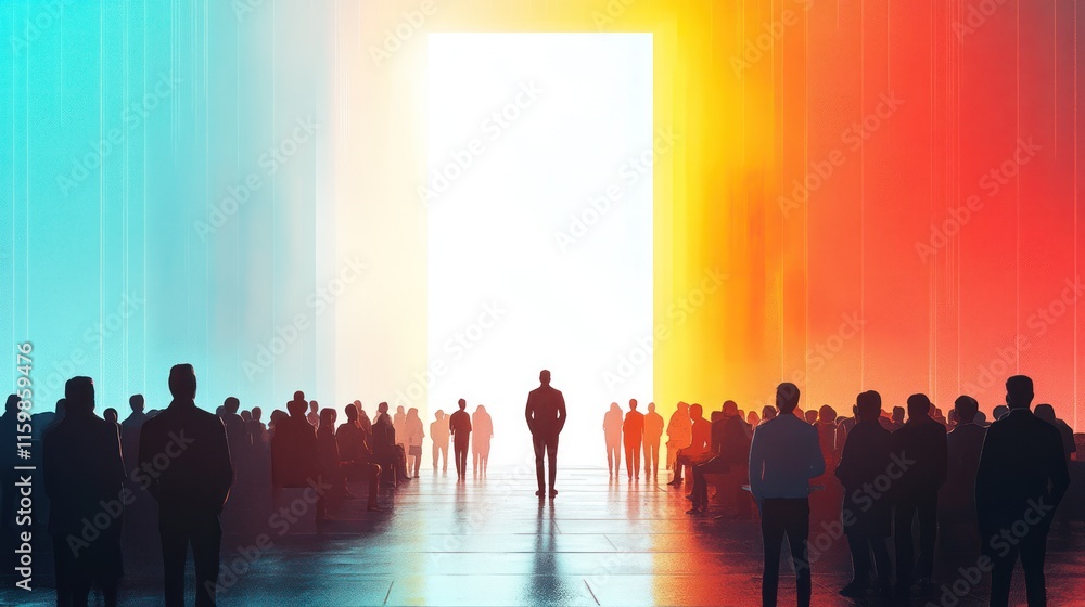 Man walks toward bright doorway, crowd watches. Man walks toward bright doorway, crowd watches.