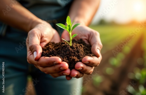 Expert farmer examines fertile soil. Hands hold small plot of earth with young plant seedling. Care for crops. Agriculture industry. Growth concept. Healthy soil. Summer season. Beginning of planting