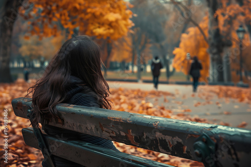 Young woman sitting alone on park bench, envious gaze towards distant happy couple holding hands in autumn scenery photo