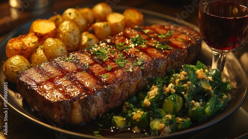 Grilled steak with roasted potatoes and greens, served with red wine. photo