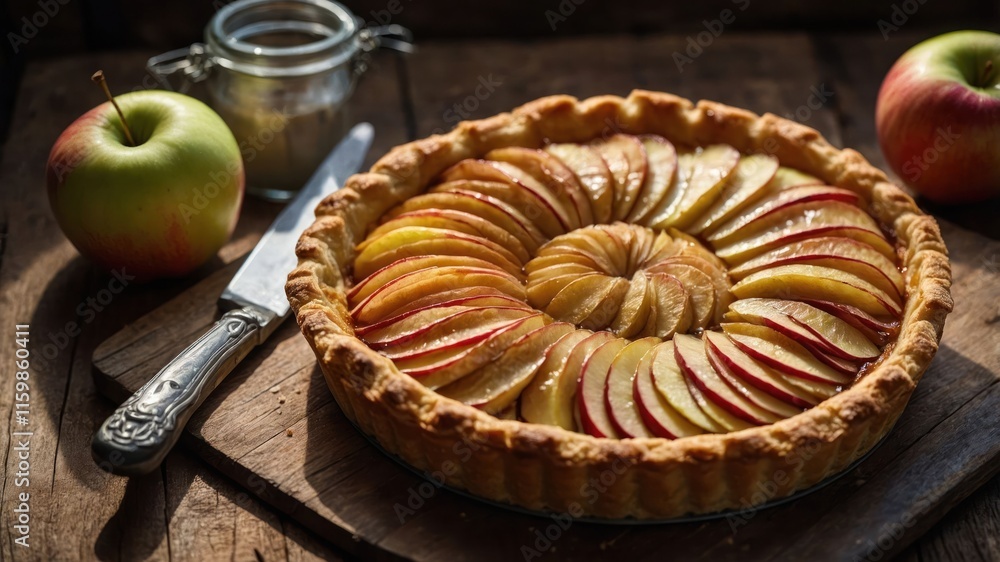 A beautifully arranged apple pie with fresh apples and a knife on a rustic wooden surface. A beautifully arranged apple pie with fresh apples and a knife on a rustic wooden surface.