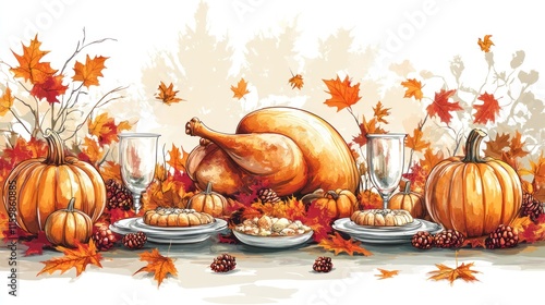 Roasted turkey centerpiece with pumpkins, autumn leaves, and desserts on a Thanksgiving table. photo