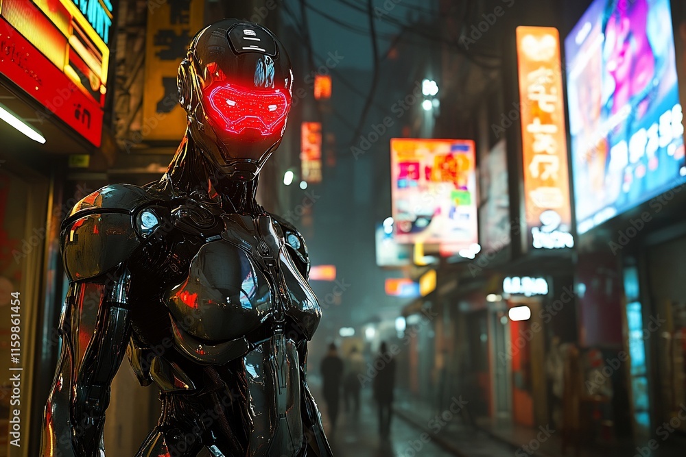 Obraz premium Cyberpunk female robot in neon city street.