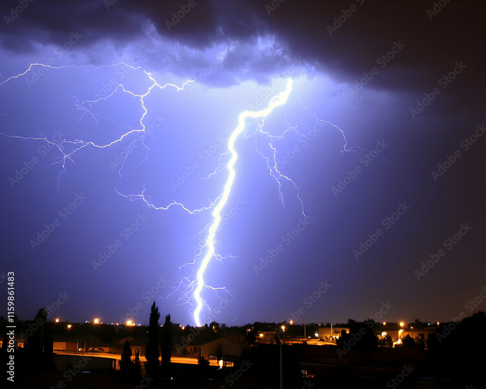 Naklejka premium Dramatic nighttime shot of a powerful lightning bolt striking over a suburban cityscape. The vivid flash illuminates the dark sky and houses below.