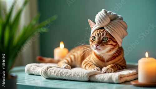 Ginger cat relaxes in spa bath. Cat wears turban. Candles and plants create relaxing spa atmosphere. Cat is content on soft white towel. Pet grooming and pampering concept. Cozy and serene scene.