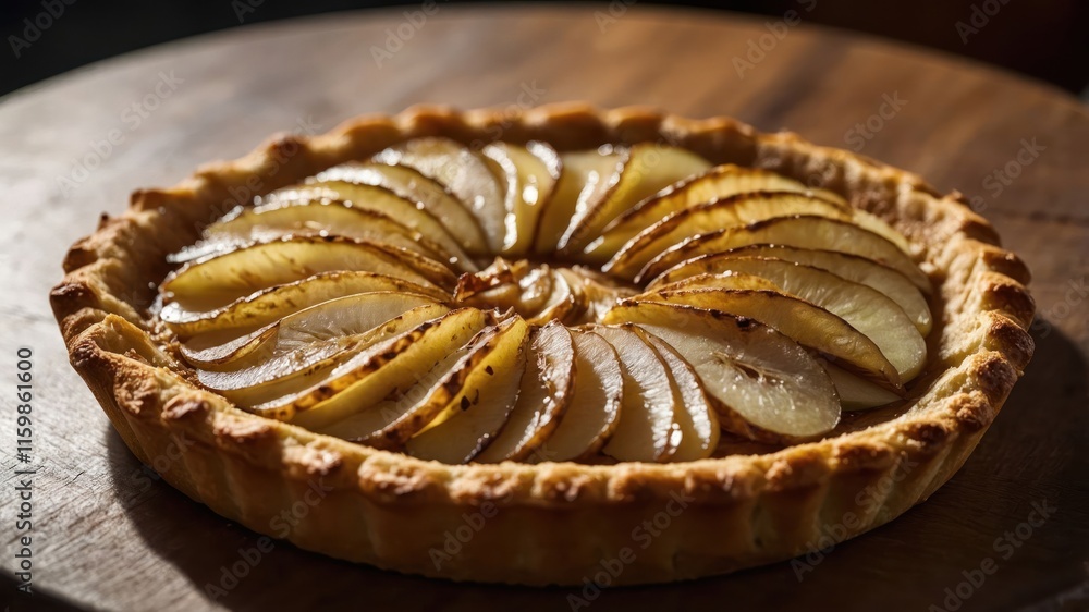 A beautifully arranged apple tart with golden-brown crust and thinly sliced apples. A beautifully arranged apple tart with golden-brown crust and thinly sliced apples.