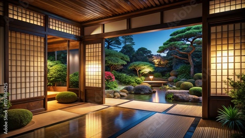 Japanese Garden Room, Sliding Doors, Night Photography, AI Art, Zen, Interior Design