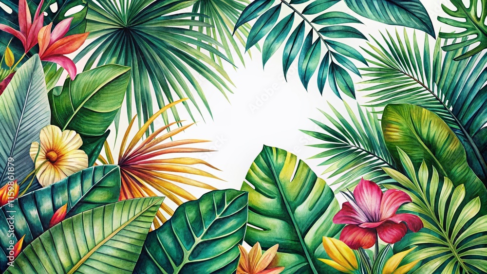 Naklejka premium Jungle Botanical Watercolor Floral Composition - Palm Leaves Tropical Design