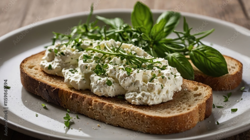 A slice of bread topped with creamy cheese and fresh herbs, served on a plate. A slice of bread topped with creamy cheese and fresh herbs, served on a plate.