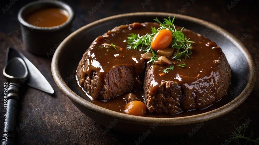 A serving of meat dish garnished with herbs and sauce, presented in a rustic bowl. A serving of meat dish garnished with herbs and sauce, presented in a rustic bowl.
