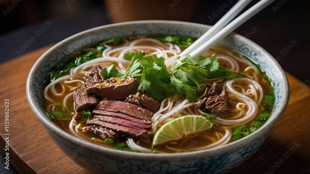 A bowl of flavorful noodle soup topped with beef, herbs, and lime, ready to be enjoyed. A bowl of flavorful noodle soup topped with beef, herbs, and lime, ready to be enjoyed.