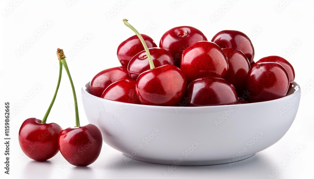 Bowl of red cherries with two cherries on the left Bowl of red cherries with two cherries on the left