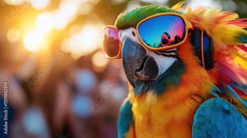 A radiant parrot adorned in vibrant sunglasses poses against a breathtaking sunset backdrop, highlighting its stunning colors and symbolizing joy and the essence of summer adventures. photo