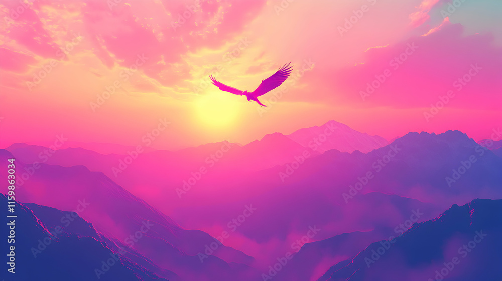 Majestic eagle soars over vibrant pink and purple mountain range at sunset; breathtaking landscape, freedom, nature. Majestic eagle soars over vibrant pink and purple mountain range at sunset; breathtaking landscape, freedom, nature.