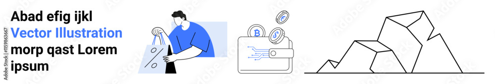 Man analyzing data with charts, secure wallet with coins and lock, mountain peaks. Ideal for financial analysis, security, investment planning, data protection, savings, growth strategy business Man analyzing data with charts, secure wallet with coins and lock, mountain peaks. Ideal for financial analysis, security, investment planning, data protection, savings, growth strategy business
