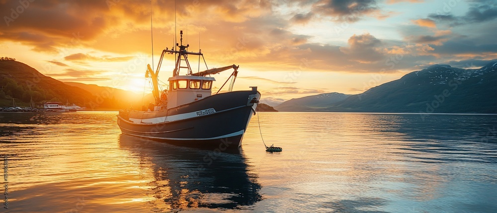 Fishing boat at sunset in calm waters. Fishing boat at sunset in calm waters.